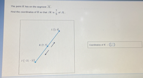 The point K lies on the segment overline JL
Find the coordinates of K so that JK is  7/9  of J L
L(5,4)
K(7,?) Coordinates of K
J(-22,-32)