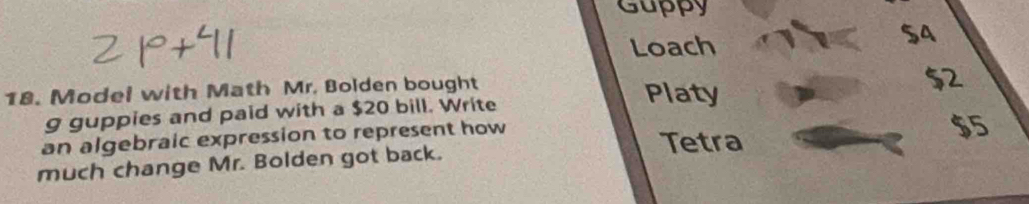 Guppy 
Loach 
SA 
18. Model with Math Mr. Bolden bought Platy
$2
g guppies and paid with a $20 bill. Write 
an algebraic expression to represent how 
Tetra 
much change Mr. Bolden got back. $5
