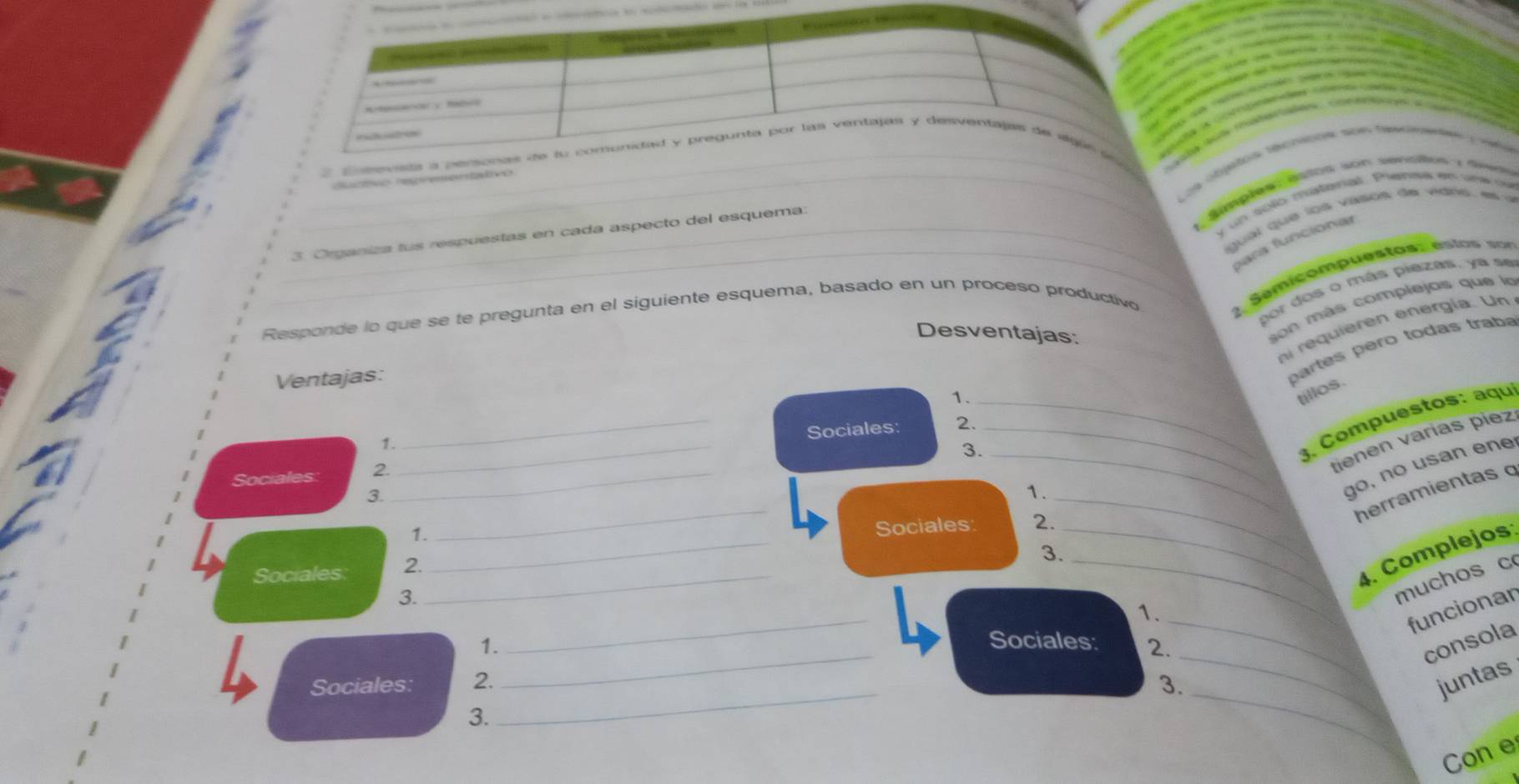 iK G e G 
e 
_La objetos recricóm son tam 
2 commests a pesonas de lu comunidad y pregunta por las ventajas y desventajs de sigúe s 
_ Pe e o 
* éímplee ésts son sencltes : d 
y un scio mastnal. Pheee e unw d 
igual que los vasos de vians 
_3. Organiza tus respuestas en cada aspecto del esquema: 
para funcionas 
Responde lo que se te pregunta en el siguiente esquema, basado en un proceso productivo 
_ Semicompuestas: estas son 
por dos o más piezas, ya se 
al requieren energía. Un 
1. son más complejos que la 
Desventajas: 
Ventajas: 
partes pero todas traba 
tillos. 
_Sociales: 2._ 
1._ 
3._ 
_3. Compuestos: aqu 
Sociales 2._ 
tienen varías piez 
3. 
1._ 
go, no usan ene 
herramientas q 
1. 
_ 
_ 
Sociales: 2. _Sociales 2.__ 
3. 
4. Complejos 
3. 
muchos c 
_ 
_ 
1. 
funcionar 
1. Sociales: 2. consola 
Sociales: 2._ 
_ 
_ 
3. 
_ 
juntas 
3. 
Con e