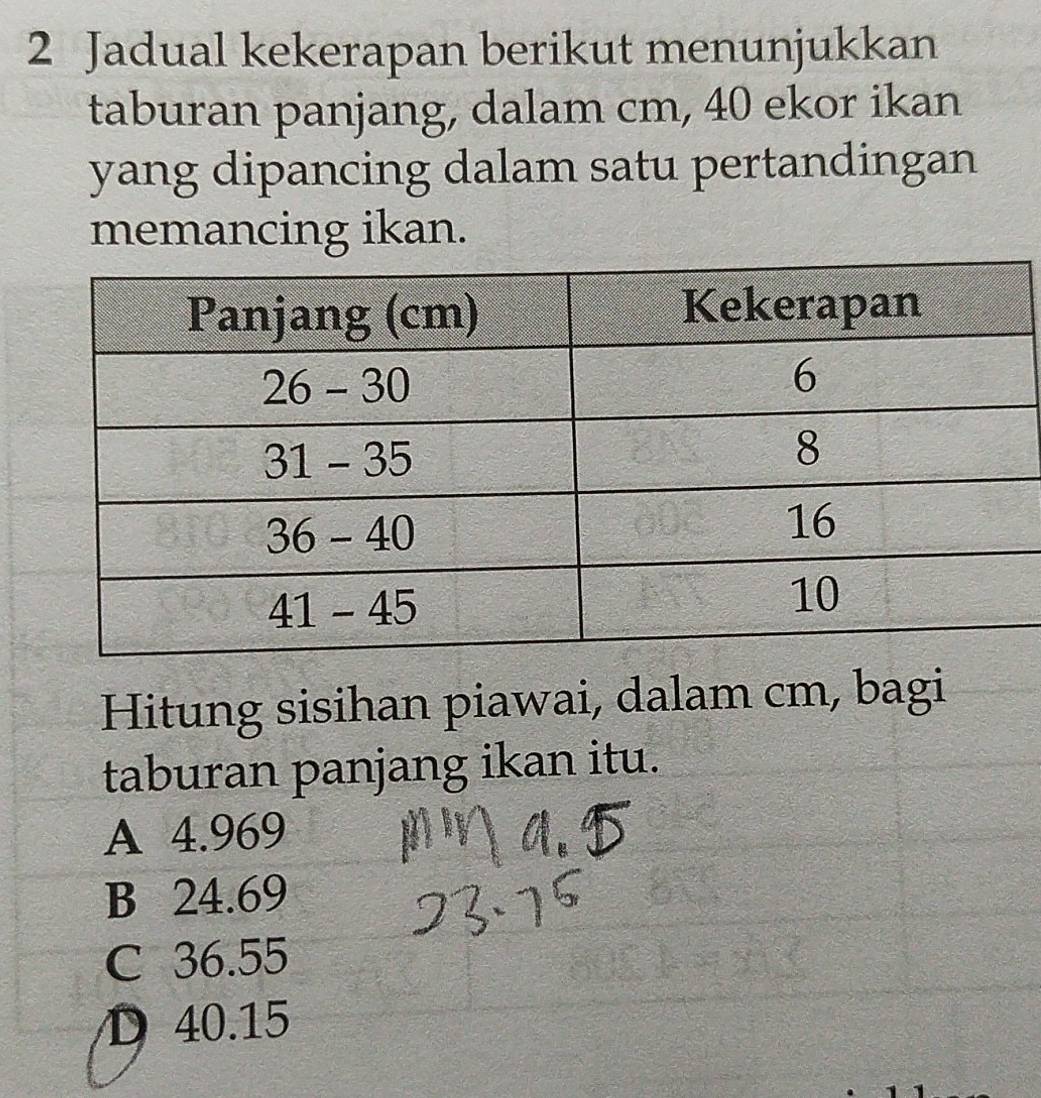 Jadual kekerapan berikut menunjukkan
taburan panjang, dalam cm, 40 ekor ikan
yang dipancing dalam satu pertandingan
memancing ikan.
Hitung sisihan piawai, dalam cm, bagi
taburan panjang ikan itu.
A 4.969
B 24.69
C 36.55
D 40.15