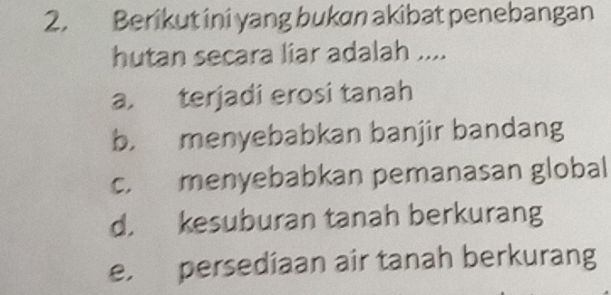 Berikut ini yang bukan akibat penebangan
hutan secara liar adalah ....
a. terjadi erosi tanah
b. menyebabkan banjir bandang
c. menyebabkan pemanasan global
d. kesuburan tanah berkurang
e. persediaan air tanah berkurang