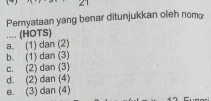 Pernyataan yang benar ditunjukkan oleh nomor
... (HOTS)
a. (1) dan (2)
b. (1) dan (3)
c. (2) dan (3)
d. (2) dan (4)
e. (3) dan (4)