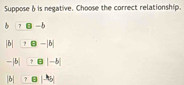 Suppose b is negative. Choose the correct relationship.
b ？ -b
|b| ? -|b|
_  |b ? |-b|
|b| ? a |^to D|