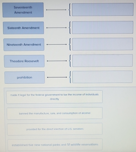 Seventeenth
Amendment
Sixteenth Amendment
Nineteenth Amendment
Theodore Roosevelt
prohibition
made it legal for the federal government to tax the income of individuals 
directly
banned the manufacture, sale, and consumption of alcohol
provided for the direct election of U.S. senators
established five new national parks and 51 wildlife reservations