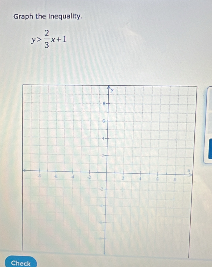 Graph the Inequality.
y> 2/3 x+1
Check