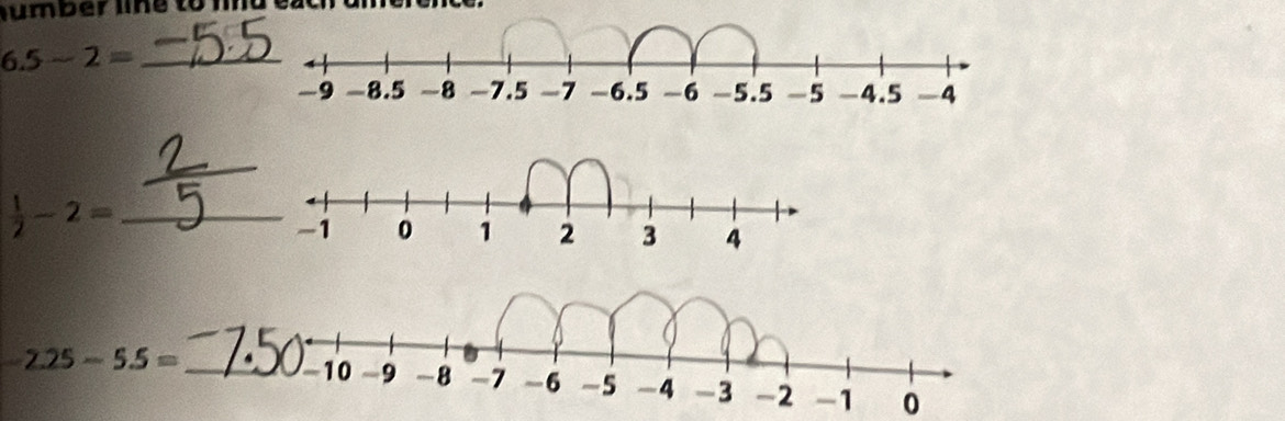 umber line to
6.5-2= _ 
_ 
_
 1/2 -2= _
2.25-5.5= _ 
0