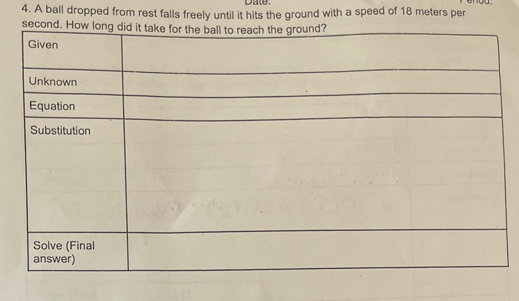 Date: ou 
4. A ball dropped from rest falls freely until it hits the ground with a speed of 18 meters per