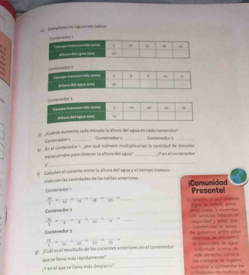 Completen las siguientes fables. 
1 
a
3
3 
d) ¿Cuánto aumenta cada minuto la altura del agua en cada contendor? 
Contenedor 1 _Contenedor 2_ Contenedor 3_ 
e) En el contenedor 1. ¿por qué número multiplicarían la cantidad de minutos 
transcurridos para obtener la altura del agua? _¿Y en el contenedor
3? 
_ 
f) Calculen el cociente entre la altura del agua y el tiempo transcu- 
rrido con las cantidades de las tablas anteriores. 
jComunidad 
Contenedor 1 Presente!
 20/5 =frac 10=frac 15=frac 18=frac 20= _ 
El denecho a una vivienda 
digna se refiere entre 
Contenedor 2 otras cosas, a viviendas 
con servicios básicos de 
_  35/5 =frac 6=frac 8=frac 10=frac 11=
seguridad y solud, que 
cuenten cón el apoyó 
Contenedor 3 del gobierno, entre estos
 12/5 =frac 10=frac 20=frac 22=frac 25= _ 
servicios, se encuentry 
g Cuál es el resultado de los cocientes anteriores en el contenedor el suministro de agua 
Infórmate acerça de 
este derecho, conoce 
que se llena más rápidamente? _las medidas de higiene 
¿Y en el que se Ilena más despacio? _comunal y aprovecha las 
actividades recreativas de