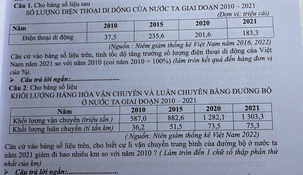 Cho bảng số liệu sau 
SÓ LượNG DIệN THOẠI DI DộNG CỦA NƯỚC TA GIAI DOẠN 2010 - 2021 
(Đơn vị: triệu cái) 
(Nguồn : Niêm 
Căn cứ vào bảng số liệu trên, tính tốc độ tăng trưởng số lượng điện thoại di động của Việt 
Nam năm 2021 so với năm 2010 (coi năm 2010=100% ) (làm tròn kết quả đến hàng đơn vị 
của %). 
> Câu trả lời ngắn:_ 
* Câu 2: Cho bảng số liệu 
khỐi LượnG hànG hóa vậN CHUYÊN và lUâN CHUYÊN bẢnG đƯỜnG bộ 
10 - 2021 
( Nguồn: Niên giám thốn 
Căn cứ vào bảng số liệu trên, cho biết cự li vận chuyền trung bình của đường bộ ở nước ta 
năm 2021 giảm đi bao nhiêu km so với năm 2010 ? ( Làm tròn đến 1 chữ số thập phân thứ 
nhất của km) 
Câu trả lời ngắn:_