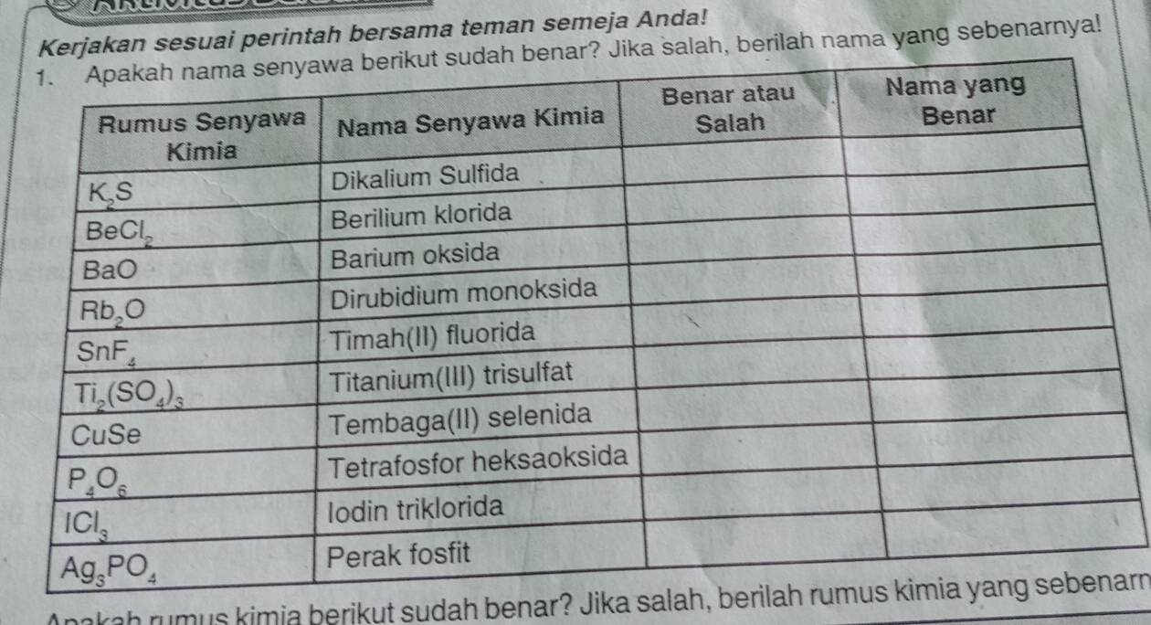 Kerjakan sesuai perintah bersama teman semeja Anda!
Jika salah, berilah nama yang sebenarnya!
akah rumus kimia berikut sudah benar? Jika salah, berilah rumarn