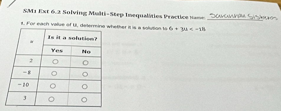 SM1 Ext 6.2 Solving Multi-Step Inequalities Practice Name: 
_ 
1. For each value of U, deterether it is a solution to 6+3u