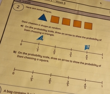 is week l 1 - Week 8
2 Here are some shopes.
Dani chooses a shape at random.
Dani choosing a tri
a) On the probability scale, drow an 
Dani choosing a square.
w to show the probabilit
A bag contains ?