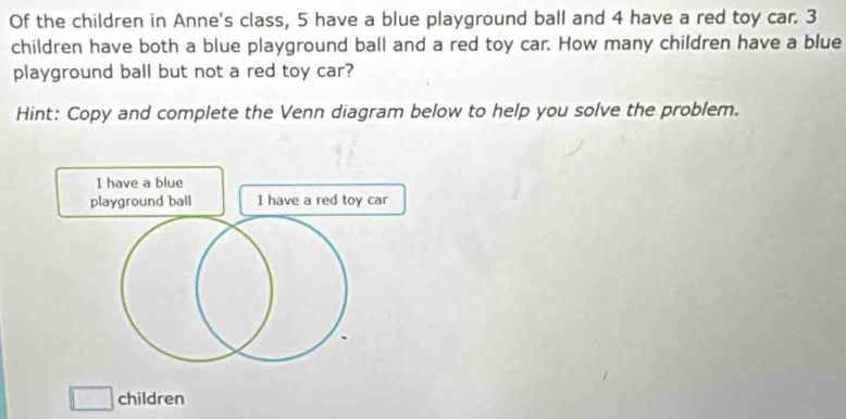 Of the children in Anne's class, 5 have a blue playground ball and 4 have a red toy car. 3
children have both a blue playground ball and a red toy car. How many children have a blue 
playground ball but not a red toy car? 
Hint: Copy and complete the Venn diagram below to help you solve the problem. 
children