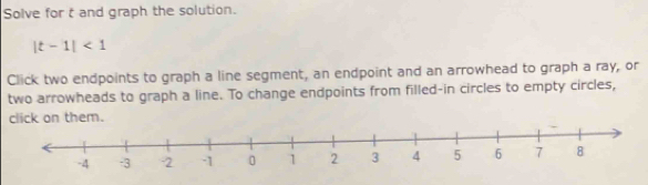 Solve for t and graph the solution.
|t-1|<1</tex> 
Click two endpoints to graph a line segment, an endpoint and an arrowhead to graph a ray, or 
two arrowheads to graph a line. To change endpoints from filled-in circles to empty circles, 
click on them.