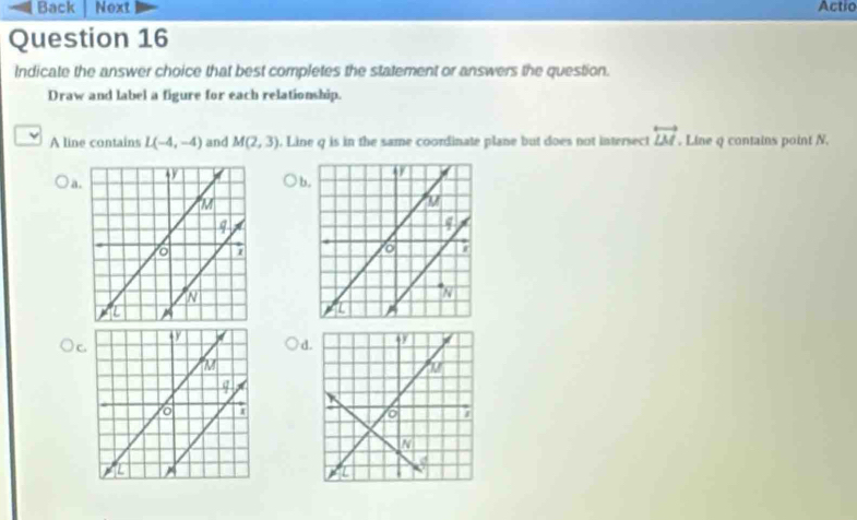 Back Noxt Actio
Question 16
Indicate the answer choice that best completes the statement or answers the question.
Draw and label a figure for each relationship.
A line contains L(-4,-4) and M(2,3). Line q is in the same coordinate plane but does not intersect overleftrightarrow LM. Line q contains point N.
a.
b
C
d.