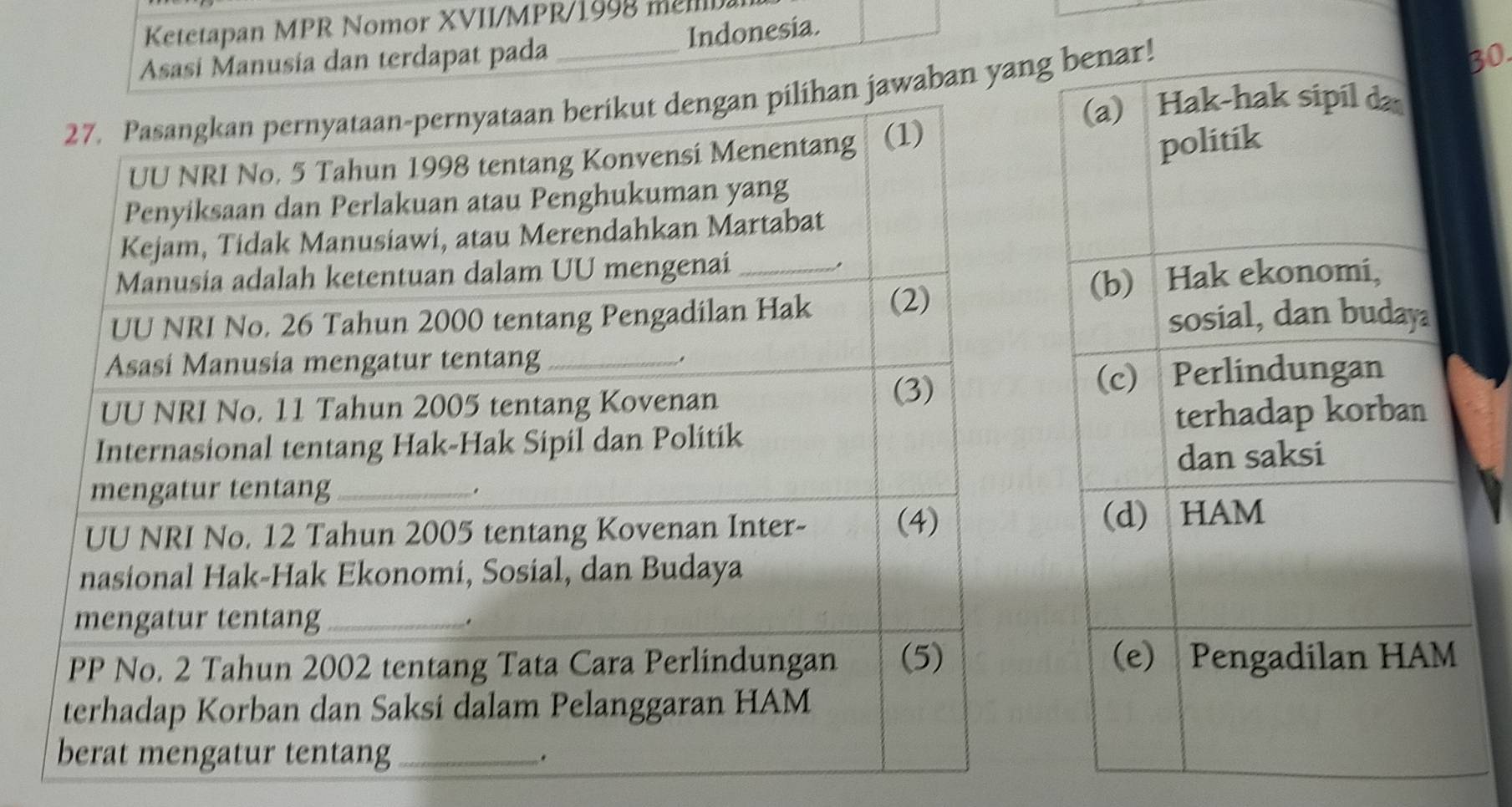 Ketetapan MPR Nomor XVII/MPR/1998 mel 
Asasi Manusia dan terdapat pada Indonesia. 
aban yang! 
30.