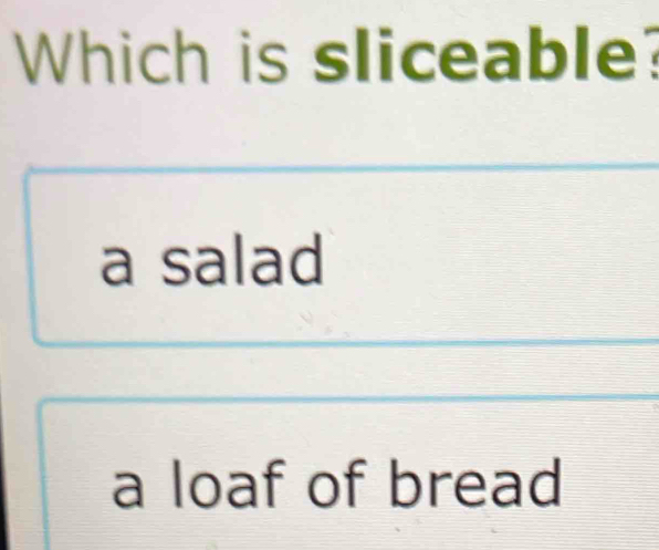 Which is sliceable?
a salad
a loaf of bread