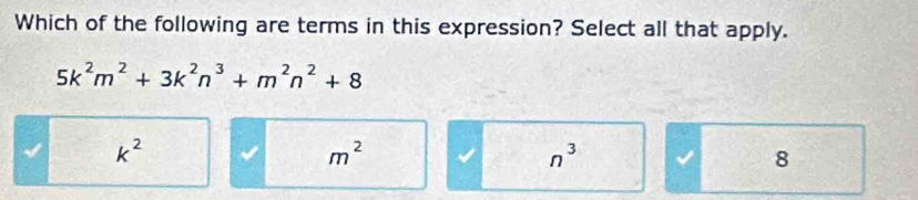 Which of the following are terms in this expression? Select all that apply.
5k^2m^2+3k^2n^3+m^2n^2+8
k^2
m^2
n^3
8