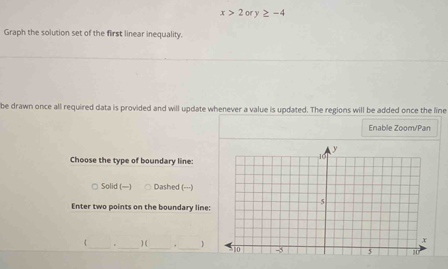 x>2 or y≥ -4
Graph the solution set of the first linear inequality.
be drawn once all required data is provided and will update whenever a value is updated. The regions will be added once the line
Enable Zoom/Pan
Choose the type of boundary line:
Solid (—) Dashed (---)
Enter two points on the boundary line:
_ _) (_ 。_ )