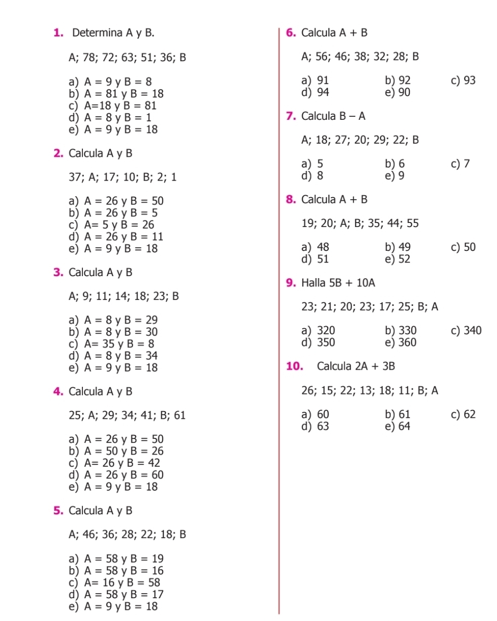 Determina A y B. 6. Calcula A+B
A; 78; 72; 63; 51; 36; B A; 56; 46; 38; 32; 28; B
a) A=9 y B=8 a) 91 b) 92 c) 93
b) A=81 y B=18 d) 94 e) 90
c) A=18 y B=81
d) A=8 y B=1 7. Calcula B-A
e) A=9 y B=18
A; 18; 27; 20; 29; 22; B
2. Calcula A y B
a) 5 b) 6 c) 7
37; A; 17; 10; B; 2; 1 d)8 e) 9
a) A=26 y B=50 8. Calcula A+B
b) A=26 B=5
c) A=5 y B=26 19; 20; A; B; 35; 44; 55
d) A=26 y B=11
e) A=9 y B=18 a) 48 b) 49 c) 50
d) 51 e) 52
3. Calcula A y B
9. Halla 5B+10A
A; 9; 11; 14; 18; 23; B
23; 21; 20; 23; 17; 25; B; A
a) A=8 y B=29
b) A=8 y B=30 a) 320 b) 330 c) 340
c) A=35 y B=8 d) 350 e) 360
d) A=8 y B=34
e) A=9 y B=18 10. Calcula 2A+3B
4. Calcula A y B 26; 15; 22; 13; 18; 11; B; A
25; A; 29; 34; 41; B; 61 a) 60 b) 61 c) 62
d) 63 e) 64
a) A=26 y B=50
b) A=50 y B=26
c) A=26 y B=42
d) A=26 y B=60
e) A=9 y B=18
5. Calcula A y B
A; 46; 36; 28; 22; 18; B
a) A=58 y B=19
b) A=58 y B=16
c) A=16 y B=58
d) A=58 y B=17
e) A=9 y B=18