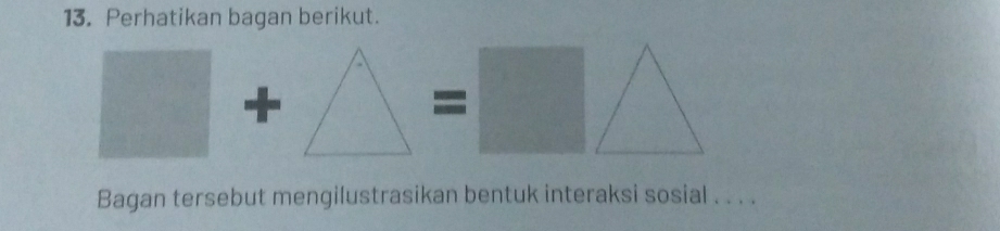 Perhatikan bagan berikut. 
+ 
Bagan tersebut mengilustrasikan bentuk interaksi sosial . . . .