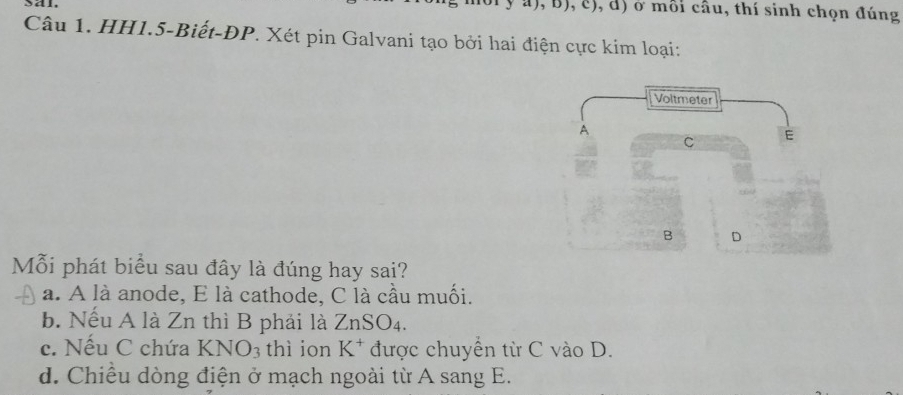 sal, y a), B), c), d) ở môi câu, thí sinh chọn đúng
Câu 1. HH1.5-Biết-ĐP. Xét pin Galvani tạo bởi hai điện cực kim loại:
Mỗi phát biểu sau đây là đúng hay sai?
a. A là anode, E là cathode, C là cầu muối.
b. Nếu A là Zn thì B phải là ZnSO_4.
c. Nếu C chứa KNO_3 thì ion K^+ được chuyển từ C vào D.
d. Chiều dòng điện ở mạch ngoài từ A sang E.