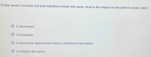 If total assets increase but total liabilities remain the same, what is the impact on the debt-to-assets ratio?
It decreases.
It increases.
It cannot be determined without additional information.
It remains the same.