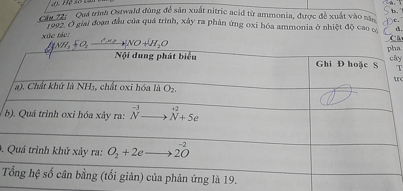 Hệ số cảm
a.l
b. 
Câu 72:  Quá trình Ostwald dùng để sản xuất nitric acid từ ammonia, được đề xuất vào năm c.
1992. Ở giai đoạn đầu của quá trình, xảy ra phản ứng oxi hóa ammonia ở nhiệt độ cao có d.
xúc tác:
Câ
a
ây
T
rc
b
0.
T