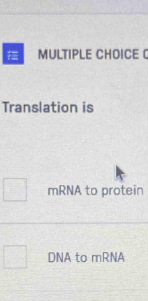 Translation is
mRNA to protein
DNA to mRNA