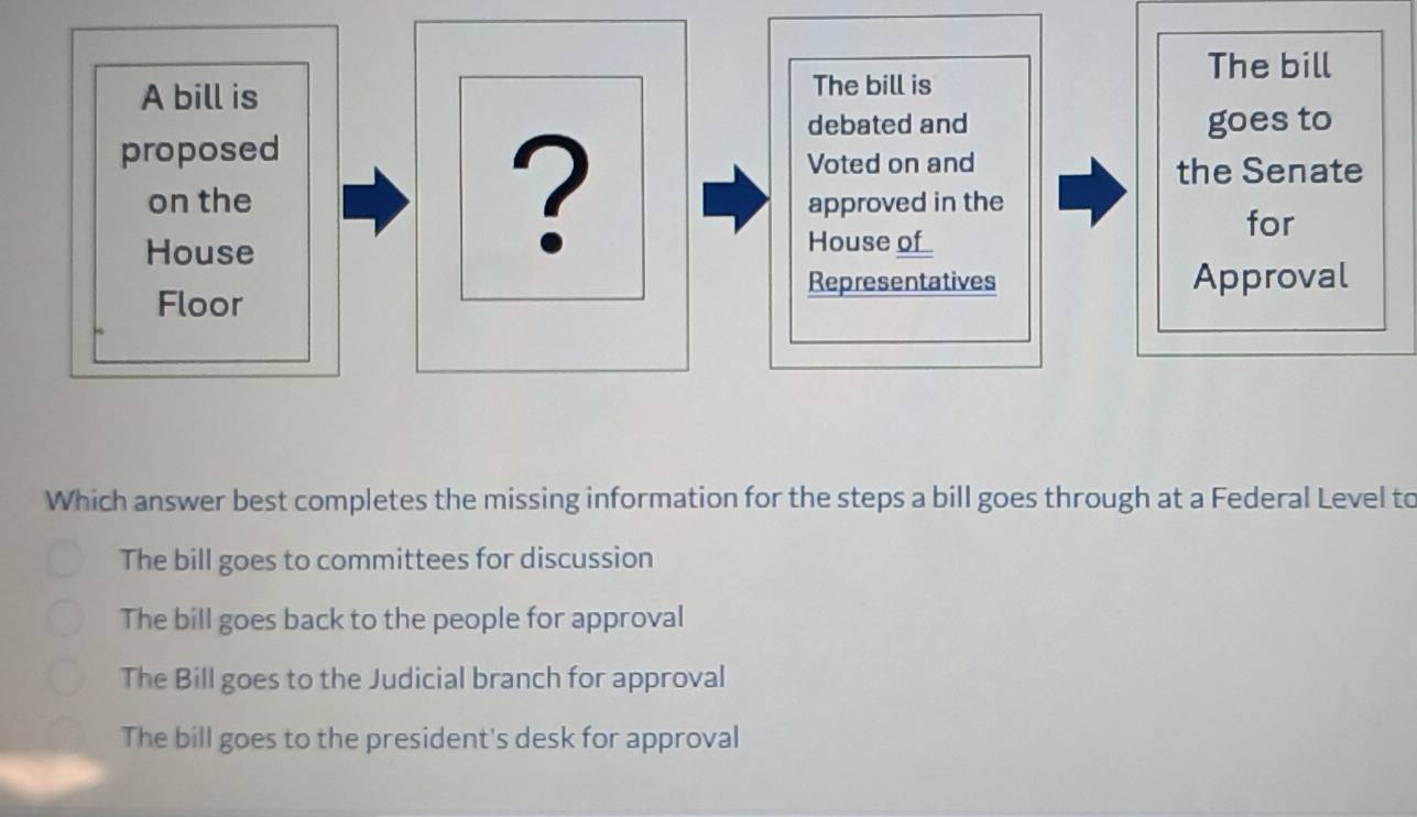 Which answer best completes the missing information for the steps a bill goes through at a Federal Level to
The bill goes to committees for discussion
The bill goes back to the people for approval
The Bill goes to the Judicial branch for approval
The bill goes to the president's desk for approval