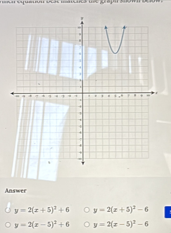 men equation dest matenes ue graph showi below: 
Answer
y=2(x+5)^2+6 y=2(x+5)^2-6 s
y=2(x-5)^2+6 y=2(x-5)^2-6