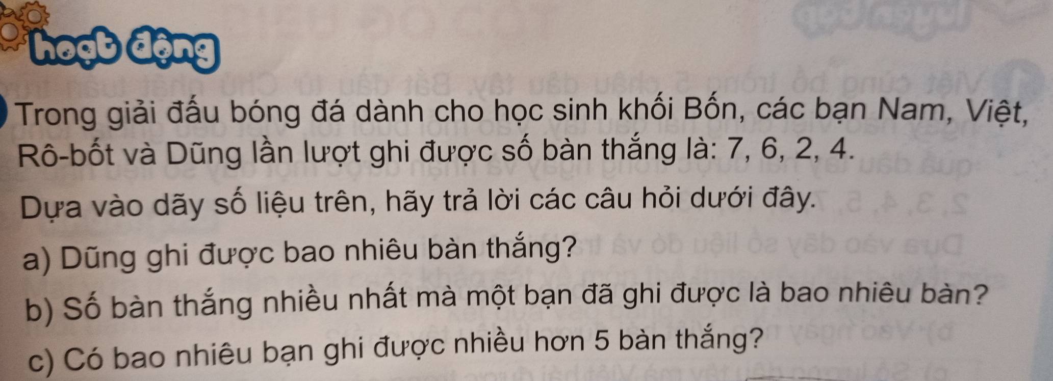 hoạb động 
Trong giải đấu bóng đá dành cho học sinh khối Bốn, các bạn Nam, Việt, 
Rô-bốt và Dũng lần lượt ghi được số bàn thắng là: 7, 6, 2, 4. 
Dựa vào dãy số liệu trên, hãy trả lời các câu hỏi dưới đây. 
a) Dũng ghi được bao nhiêu bàn thắng? 
b) Số bàn thắng nhiều nhất mà một bạn đã ghi được là bao nhiêu bàn? 
c) Có bao nhiêu bạn ghi được nhiều hơn 5 bàn thắng?