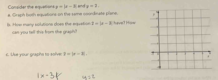 Consider the equations y=|x-3| and y=2. 
a. Graph both equations on the same coordinate plane. 
b. How many solutions does the equation 2=|x-3| have? How 
can you tell this from the graph? 
c. Use your graphs to solve: 2=|x-3|.