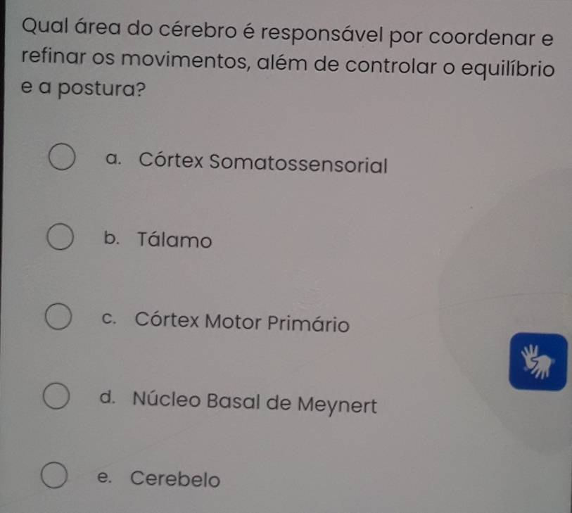 Qual área do cérebro é responsável por coordenar e
refinar os movimentos, além de controlar o equilíbrio
e a postura?
a. Córtex Somatossensorial
b. Tálamo
c. Córtex Motor Primário
d. Núcleo Basal de Meynert
e. Cerebelo