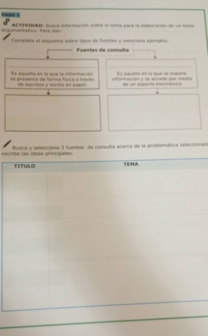 FASE 3 
o 
ACTIVIDAD: Busca información sobre el tema para la elaboración de un texto 
argumentativo. Para eso: 
Completa el esquema sobre tipos de fuentes y menciona ejemplos. 
Fuentes de consulta 
_ 
_ 
Es aquella en la que la información Es aquella en la que se expone 
se presenta de forma física a través información y se accede por medio 
de escritos y textos en papel. de un soporte electrónica. 
Busca y selecciona 3 fuentes de consulta acerca de la problemática seleccionada 
esc