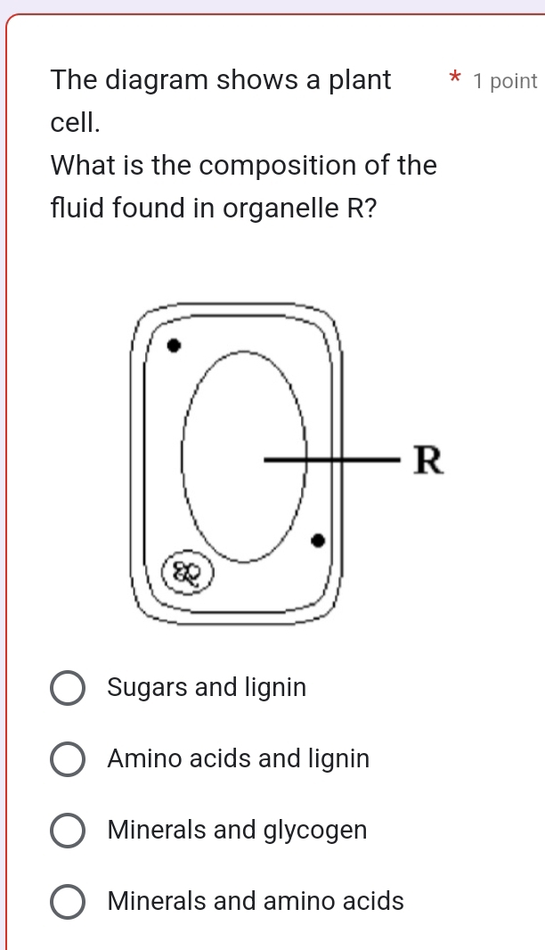 The diagram shows a plant 1 point
cell.
What is the composition of the
fluid found in organelle R?
Sugars and lignin
Amino acids and lignin
Minerals and glycogen
Minerals and amino acids