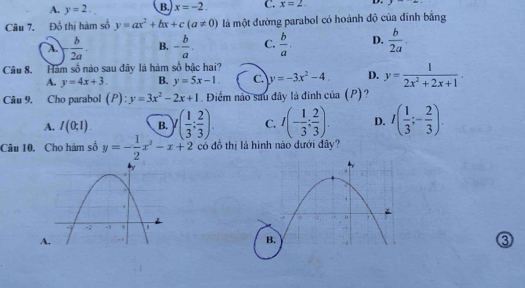 A. y=2. B. x=-2. C. x=2. D
Câu 7, Đồ thị hàm số y=ax^2+bx+c(a!= 0) là một đường parabol có hoành độ của đình bằng
A. ) b/2a . B. - b/a . C.  b/a . D.  b/2a . 
Câu 8. Hám số nào sau đây là hàm số bậc hai?
A. y=4x+3. B. y=5x-1. C. y=-3x^2-4. D. y= 1/2x^2+2x+1 . 
Câu 9. Cho parabol (P):y=3x^2-2x+1. Điểm nảo sau đây là đinh của (P)?
A. I(0;1). B. y( 1/3 ; 2/3 ) C. I(- 1/3 ; 2/3 ). D. I( 1/3 ;- 2/3 ). 
Câu 10. Cho hàm số y=- 1/2 x^2-x+2 có đồ thị là hình nào đưới đây?
③