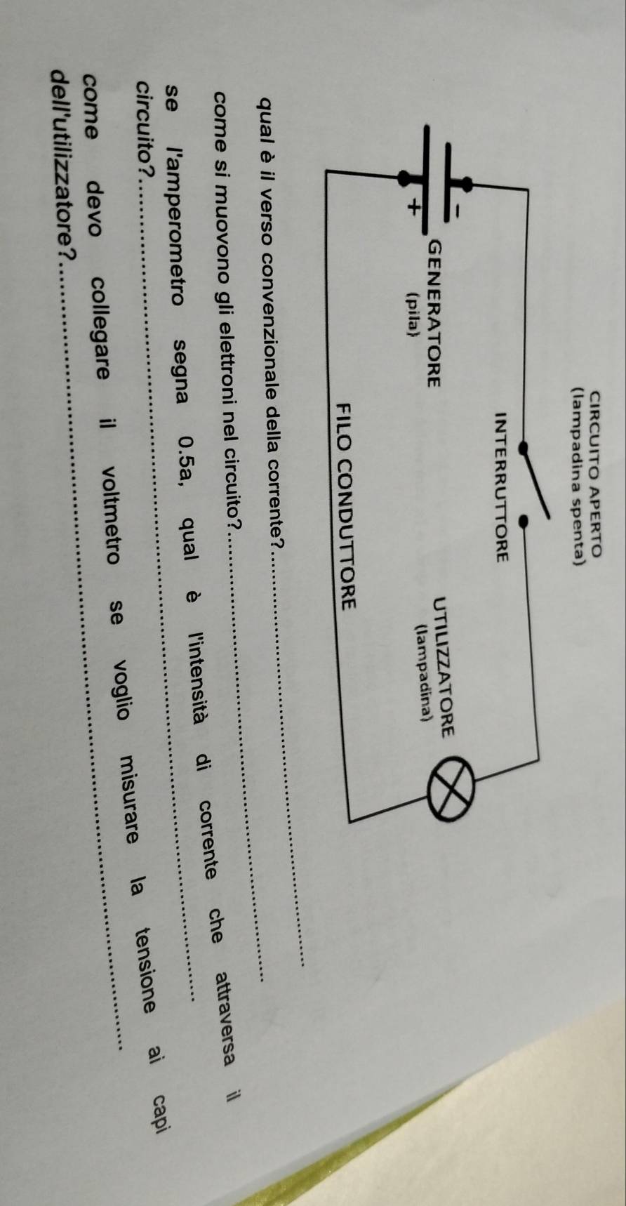 CIRCUITO APERTO 
(lampadina spenta) 
qual è il verso convenzionale della corrente? 
_ 
come si muovono gli elettroni nel circuito? 
_ 
se l'amperometro segna 0.5a, qual è l'intensità di corrente che attraversa il 
circuito? 
come devo collegare il voltmetro se voglio misurare la tensione ai capi 
dell'utilizzatore?