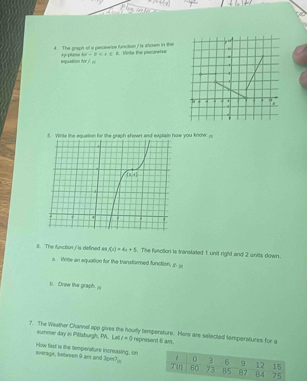 a 
4. The graph of a piecewise function / is shown in the
xy-plane for-8 . Write the piecewise
equation for f(x)
5. Write the equation for the graph shown and explain how you know ()
6. The function / is defined as f(x)=4x+5. The function is translated 1 unit right and 2 units down.
a. Write an equation for the transformed function, g· [2]
b. Draw the graph. [?]
7. The Weather Channel app gives the hourly temperature. Here are selected temperatures for a
summer day in Pittsburgh, PA. Let t=0 represent 6 am.
How fast is the temperature increasing, on
average, between 9 am and 3pm?_(3)