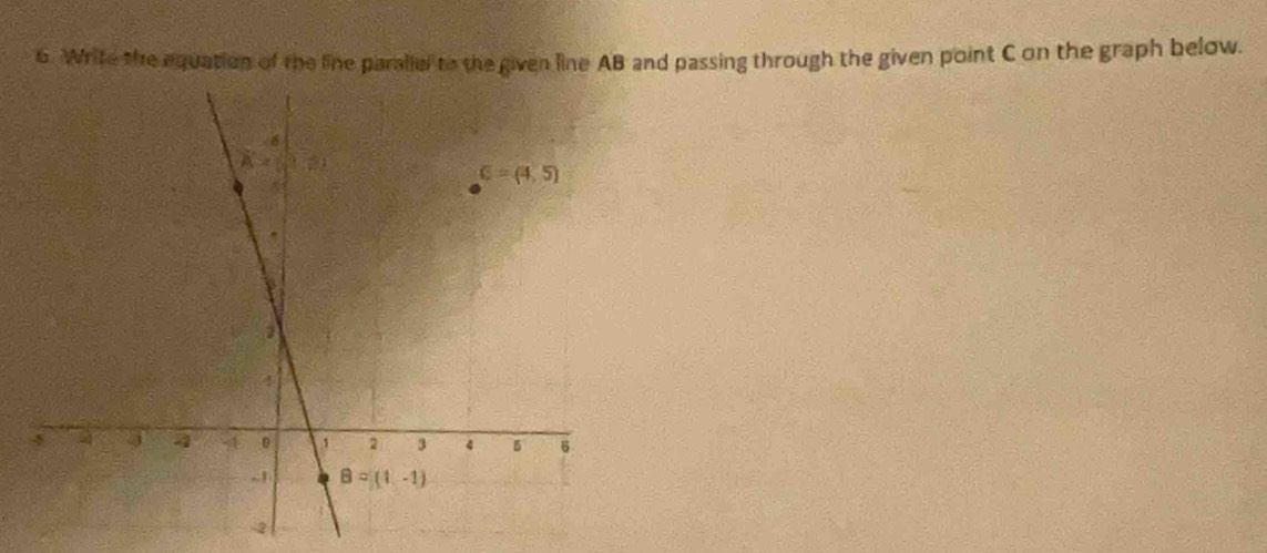 Write the equation of the fine paraliel to the given line AB and passing through the given point C on the graph below.
2