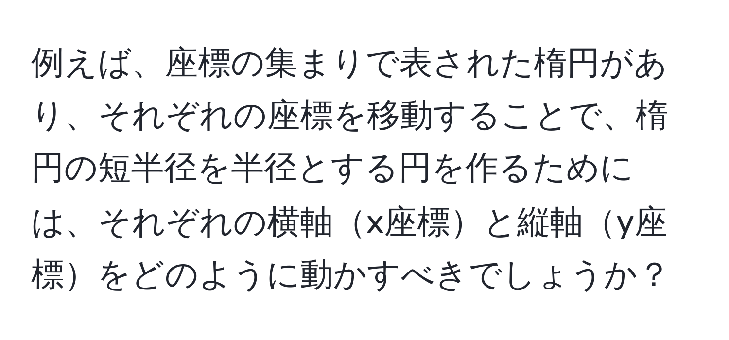 例えば、座標の集まりで表された楕円があり、それぞれの座標を移動することで、楕円の短半径を半径とする円を作るためには、それぞれの横軸x座標と縦軸y座標をどのように動かすべきでしょうか？