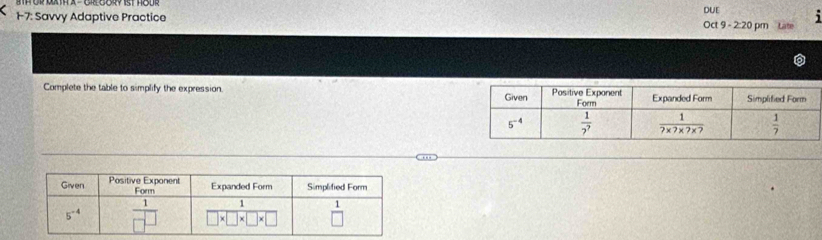 DUE
17: Savvy Adaptive Practice Oct 9 - 2:20 pm
Complete the table to simplify the expression.