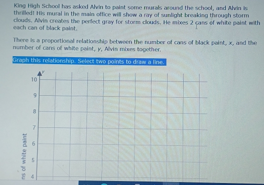 King High School has asked Alvin to paint some murals around the school, and Alvin is
thrilled! His mural in the main office will show a ray of sunlight breaking through storm
clouds. Alvin creates the perfect gray for storm clouds. He mixes 2 cans of white paint with
each can of black paint.
There is a proportional relationship between the number of cans of black paint, x, and the
number of cans of white paint, y, Alvin mixes together.
Graph this relationship. Select two points to draw a line.