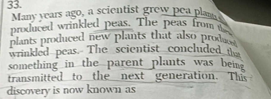 Many years ago, a scientist grew pea plans 
produced wrinkled peas. The peas from they 
plants produced new plants that also produced 
wrinkled peas. The scientist concluded that 
something in the parent plants was being 
transmitted to the next generation. This 
discovery is now known as