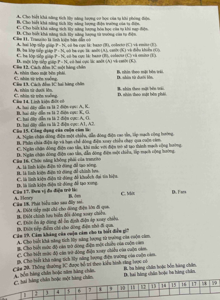 A. Cho biết khả năng tích lũy năng lượng cơ học của tụ khi phỏng điện.
B. Cho biết khả năng tích lũy năng lượng điện trường của tụ diện.
C. Cho biết khả năng tích lũy năng lượng hóa học của tụ khi nạp điện.
D. Cho biết khả năng tích lũy năng lượng từ trường của tụ điện.
Câu 11. Tranzito là linh kiện bản dẫn có
A. hai lớp tiếp giáp P - N, có ba cực là: bazơ (B), colectơ (C) và emitơ (E).
B. ba lớp tiếp giáp P - N, có ba cực là: anôt (A), catôt (K) và điều khiển (G).
C. ba lớp tiếp giáp P - N, có ba cực là: bazơ (B), colectơ (C) và emitơ (E).
D. một lớp tiếp giáp P - N, có hai cực là: anôt (A) và catôt (K).
Câu 12, Cách đếm IC một hàng chân
A. nhìn theo mặt bên phải. B. nhìn theo mặt bên trái.
C. nhìn từ trên xuống. D. nhìn từ dưới lên.
Câu 13. Cách đểm IC hai hàng chân
A. nhìn từ dưới lên. B nhìn theo mặt bên trái.
C. nhìn từ trên xuống. D. nhìn theo mặt bên phải.
Câu 14. Linh kiện điột có
A. hai dây dẫn ra là 2 điện cực: A, K.
B hai dây dẫn ra là 2 điện cực: K, G.
C. hai dây dẫn ra là 2 điện cực: A, G.
D. hai dây dẫn ra là 2 điện cực: A1, A2.
Câu 15, Công dụng của cuộn cảm là:
A. Ngăn chặn dòng điện một chiều, dẫn dòng điện cao tần, lắp mạch cộng hưởng.
B. Phân chia điện áp và hạn chế dòng điện xoay chiều chạy qua cuộn cảm.
C. Ngăn chặn dòng điện cao tần, khi mắc với điện trở sẽ tạo thành mạch cộng hưởng.
D. Ngăn chặn dòng điện cao tần, dẫn dòng điện một chiều, lắp mạch cộng hưởng.
Câu 16. Chức năng không phải của tranzito
A. là linh kiện điện tử dùng đề tạo sóng.
B. là linh kiện điện tử dùng đề chỉnh lưu.
C. là linh kiện điện tử dùng để khuếch đại tín hiệu.
D. là linh kiện điện tử dùng để tạo xung.
Câu 17. Đơn vị đo điện trở là: D. Fara
A. Henry B. ôm C. Mét
Câu 18. Phát biểu nào sau đây sai.
A. Điột tiếp mặt chỉ cho dòng điện lớn đi qua.
B. Điột chỉnh lưu biến đổi dòng xoay chiều.
C. Điôt ổn áp dùng đề ổn định điện áp xoay chiều.
D. Điột tiếp điểm chỉ cho dòng điện nhỏ đi qua.
Câu 19. Cảm kháng của cuộn cảm cho ta biết điều gì?
A. Cho biết khả năng tích lũy năng lượng từ trường của cuộn cảm.
B. Cho biết mức độ cản trở dòng điện một chiều của cuộn cảm
C. Cho biết mức độ cản trở dòng điện xoay chiều của cuộn cảm.
D. Cho biết khả năng tích lũy năng lượng điện trường của cuộn cảm.
Câu 20. Thông thường IC được bố trí theo kiểu hình răng lược có
A. bốn hàng chân hoặc năm hàng chân. B. ba hàng chân hoặc bốn hàng chân.
D. hai hàng chân hoặc ba hàng chân.