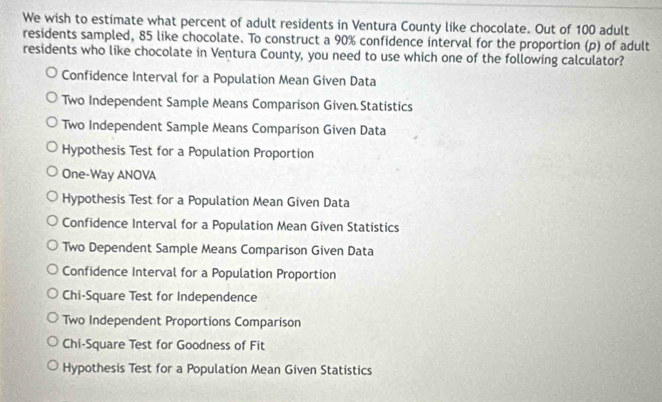 We wish to estimate what percent of adult residents in Ventura County like chocolate. Out of 100 adult
residents sampled, 85 like chocolate. To construct a 90% confidence interval for the proportion (p) of adult
residents who like chocolate in Ventura County, you need to use which one of the following calculator?
Confidence Interval for a Population Mean Given Data
Two Independent Sample Means Comparison Given Statistics
Two Independent Sample Means Comparison Given Data
Hypothesis Test for a Population Proportion
One-Way ANOVA
Hypothesis Test for a Population Mean Given Data
Confidence Interval for a Population Mean Given Statistics
Two Dependent Sample Means Comparison Given Data
Confidence Interval for a Population Proportion
Chi-Square Test for Independence
Two Independent Proportions Comparison
Chi-Square Test for Goodness of Fit
Hypothesis Test for a Population Mean Given Statistics