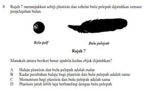 Rajah 7 menunjukkan sehiji plastisin dan sehelai bulu pelepah dijamahkan semasa
penjelajahan bulan
Bola golf Bulu pelepah
Rajah 7
Marakah antara berikut benar apabila kedua objek dijatuhkan?
A Halaju plastisin dan bulu pelepah ədalah malar
B Kadar perubahan halaju hagi plastisin dan bulu peļepah adalah sama
C Momentum bagi plastisin dan bulu pelepah adalah sama
D Plastisin jatuh lebüh laju berbanding dengan bulu pelepah