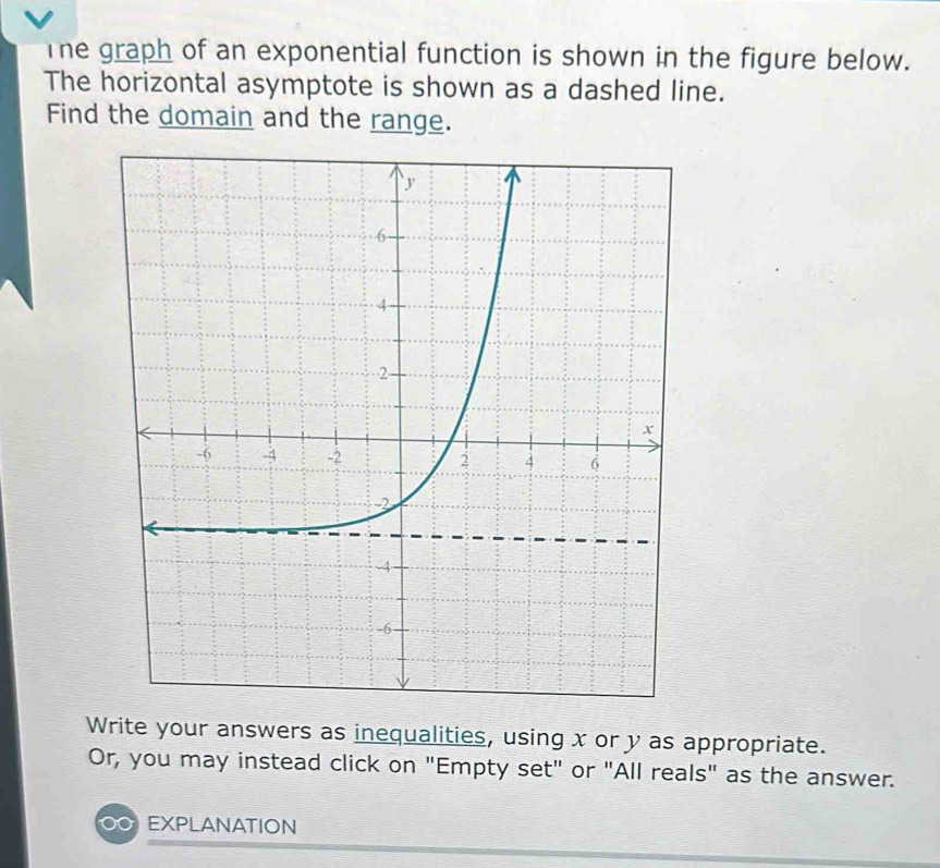 The graph of an exponential function is shown in the figure below. 
The horizontal asymptote is shown as a dashed line. 
Find the domain and the range. 
Write your answers as inequalities, using x or y as appropriate. 
Or, you may instead click on "Empty set" or "All reals" as the answer. 
EXPLANATION