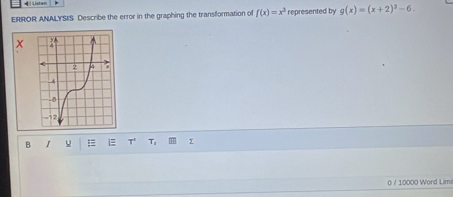 Listen 
ERROR ANALYSIS Describe the error in the graphing the transformation of f(x)=x^3 represented by g(x)=(x+2)^3-6.
X
B I = T^2 T_2 Σ 
0 / 10000 Word Limi