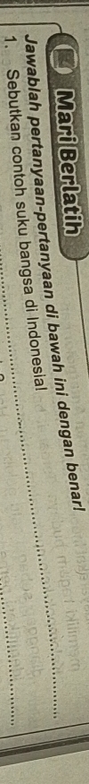 Mari Berlatih 
Jawablah pertanyaan-pertanyaan di bawah ini dengan benar! 
1. Sebutkan contoh suku bangsa di Indonesial